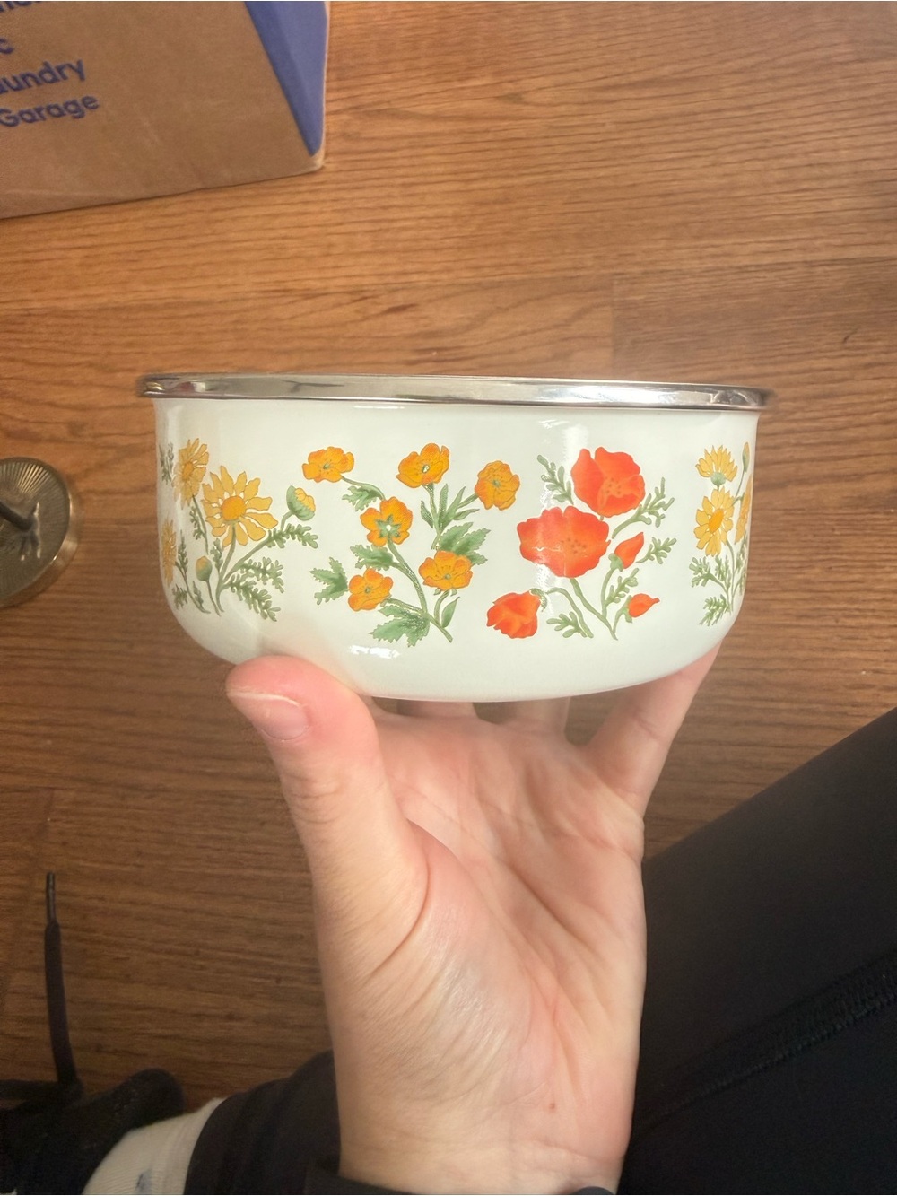 Vintage Floral Enamel Bowl in White with Orange Flowers